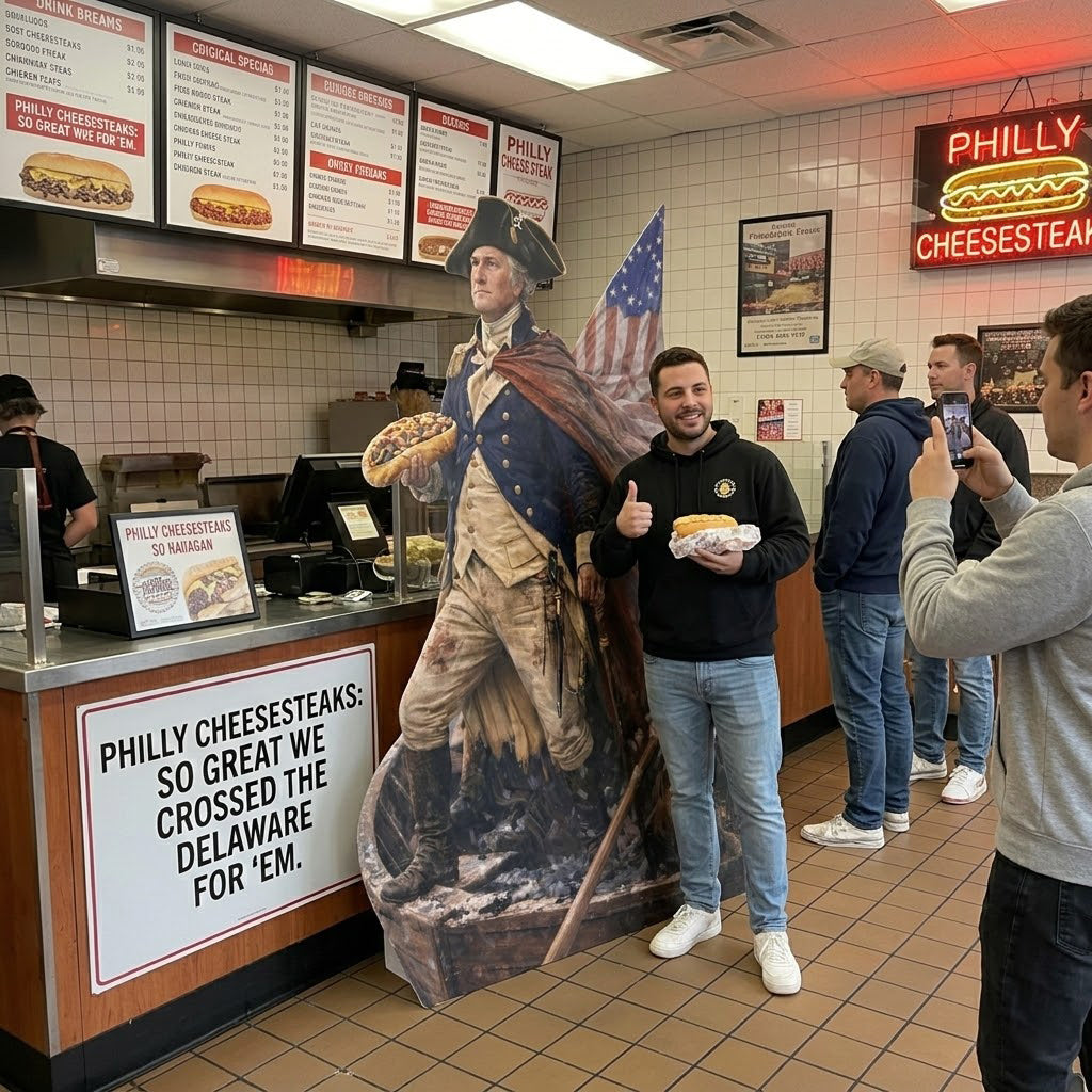 Washington Crossing Delaware With Cheesesteak Cardboard Cutout