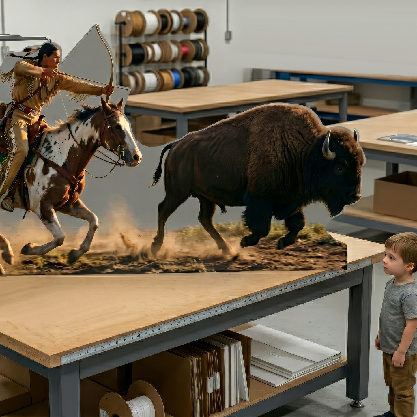 Native Indian American Bow Hunting Bison Cardboard Cutout