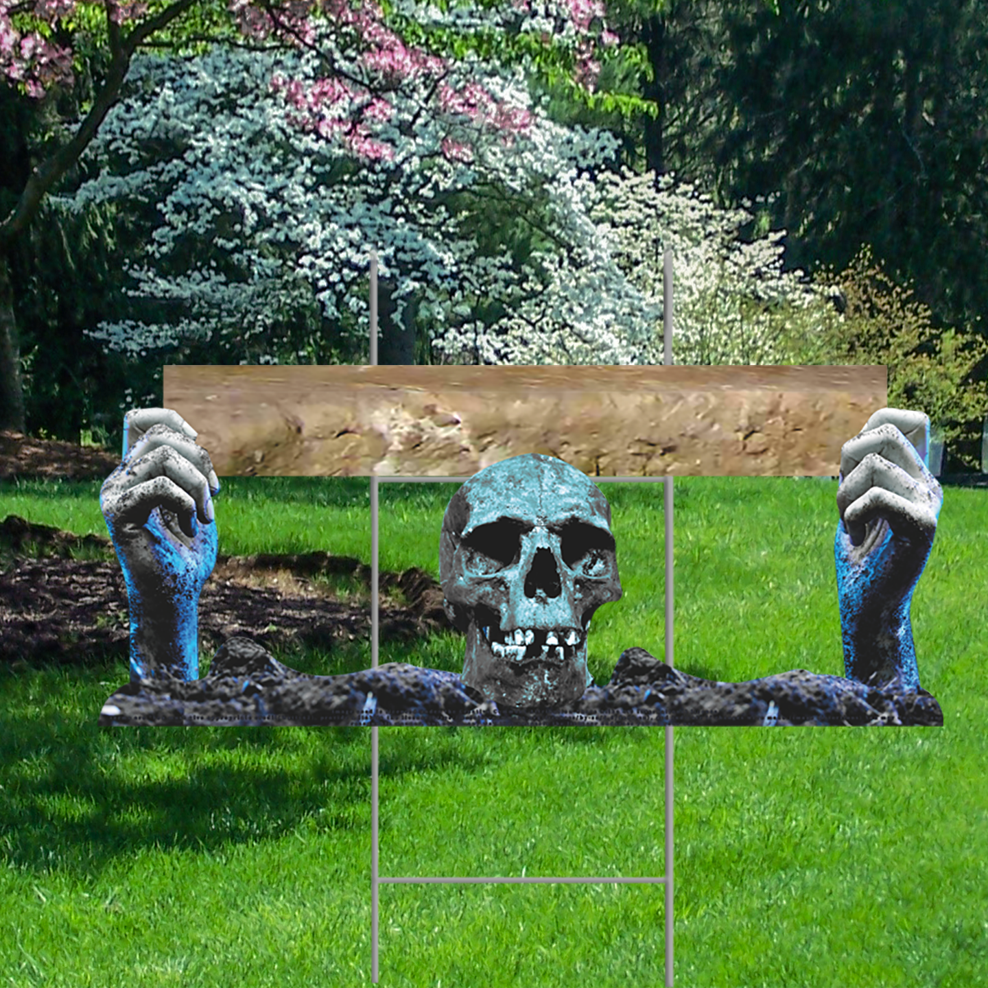 Halloween Zombie Hands Skull Holding Stone Slab Waterproof Coroplast Plastic Yard Sign Lawn Sign