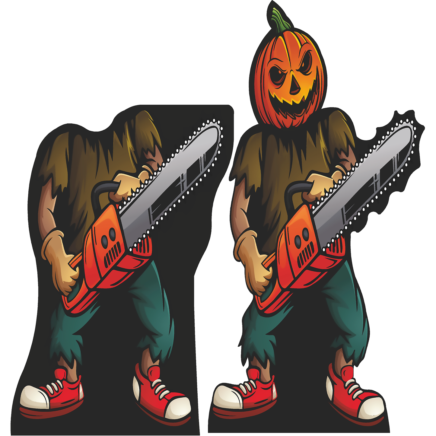 2pack Pumpkin Jack o Lantern Chainsaw Head stand in Cardboard Cutout