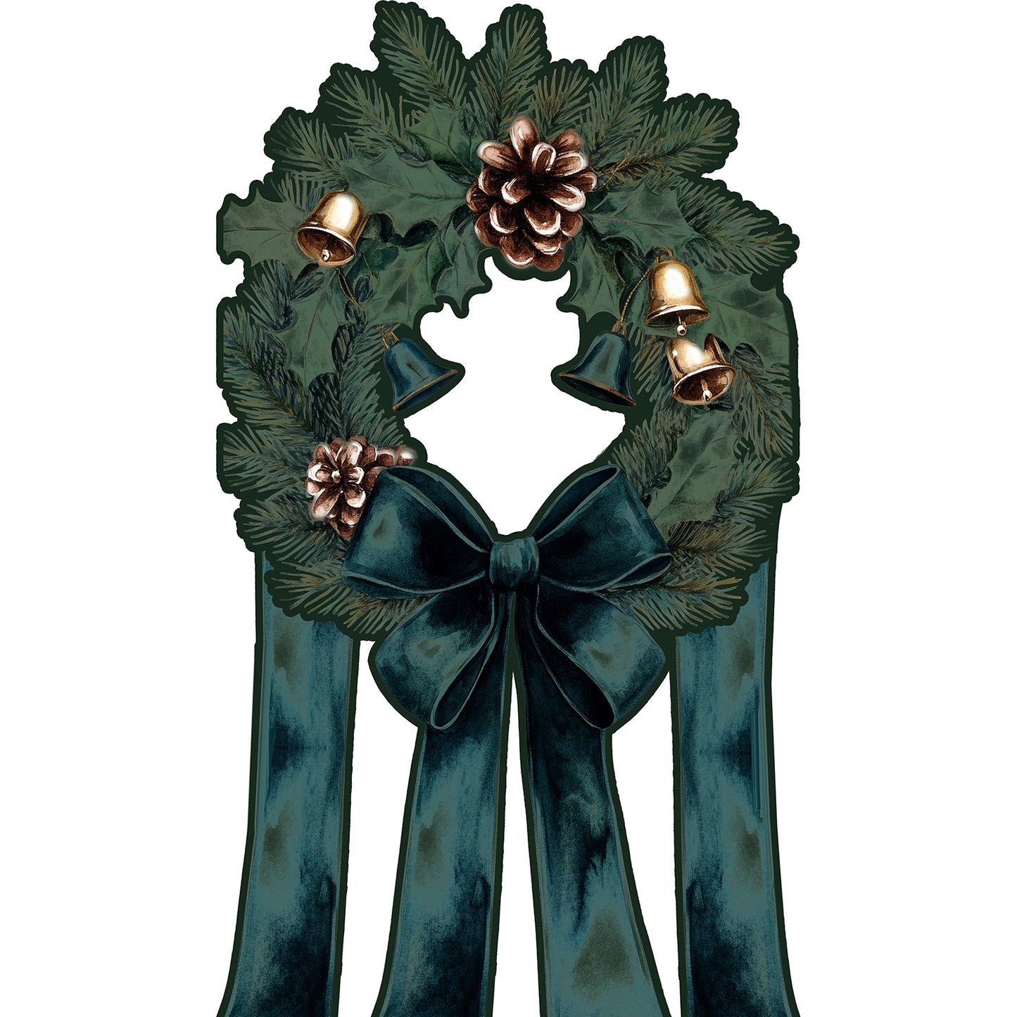 Christmas Xmas Holiday Wreath Spruce Pine Ribbon Bells Cardboard Cutout
