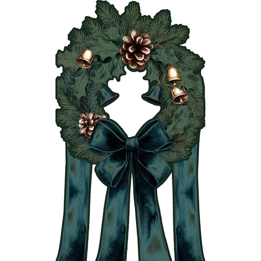 Christmas Xmas Holiday Wreath Spruce Pine Ribbon Bells Cardboard Cutout