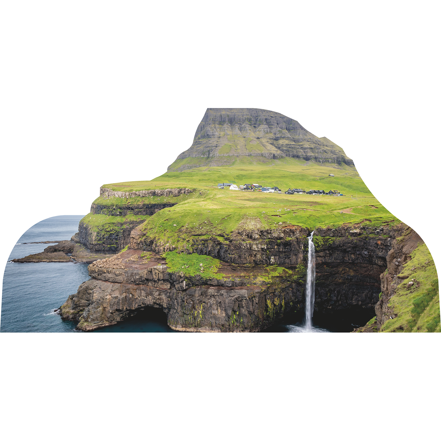 Gasadalur Isolated Village Faroe Island Waterfall Cardboard Cutout