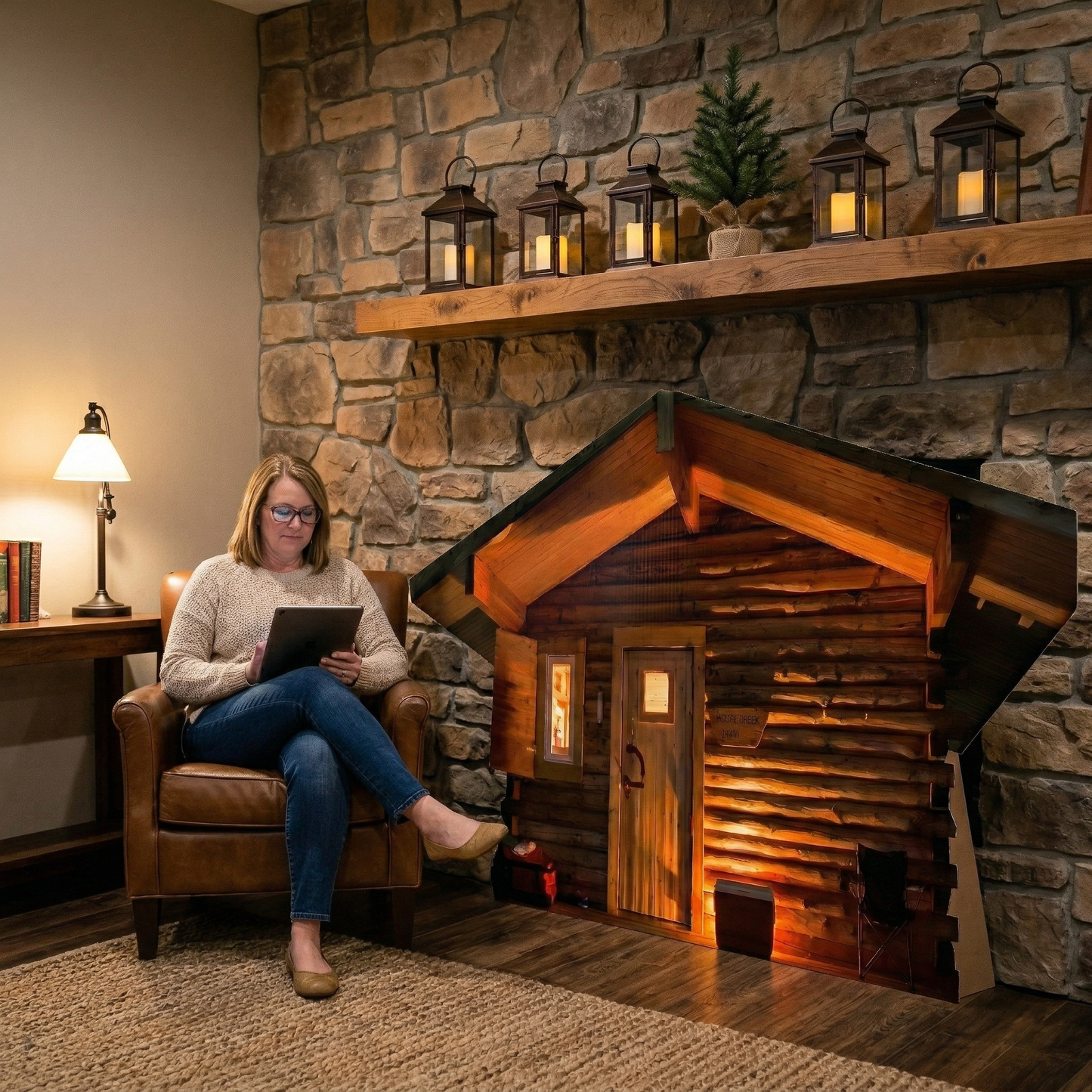 Night Light Lit Alaska Cabin Off Grid Shelter Cardboard Cutout