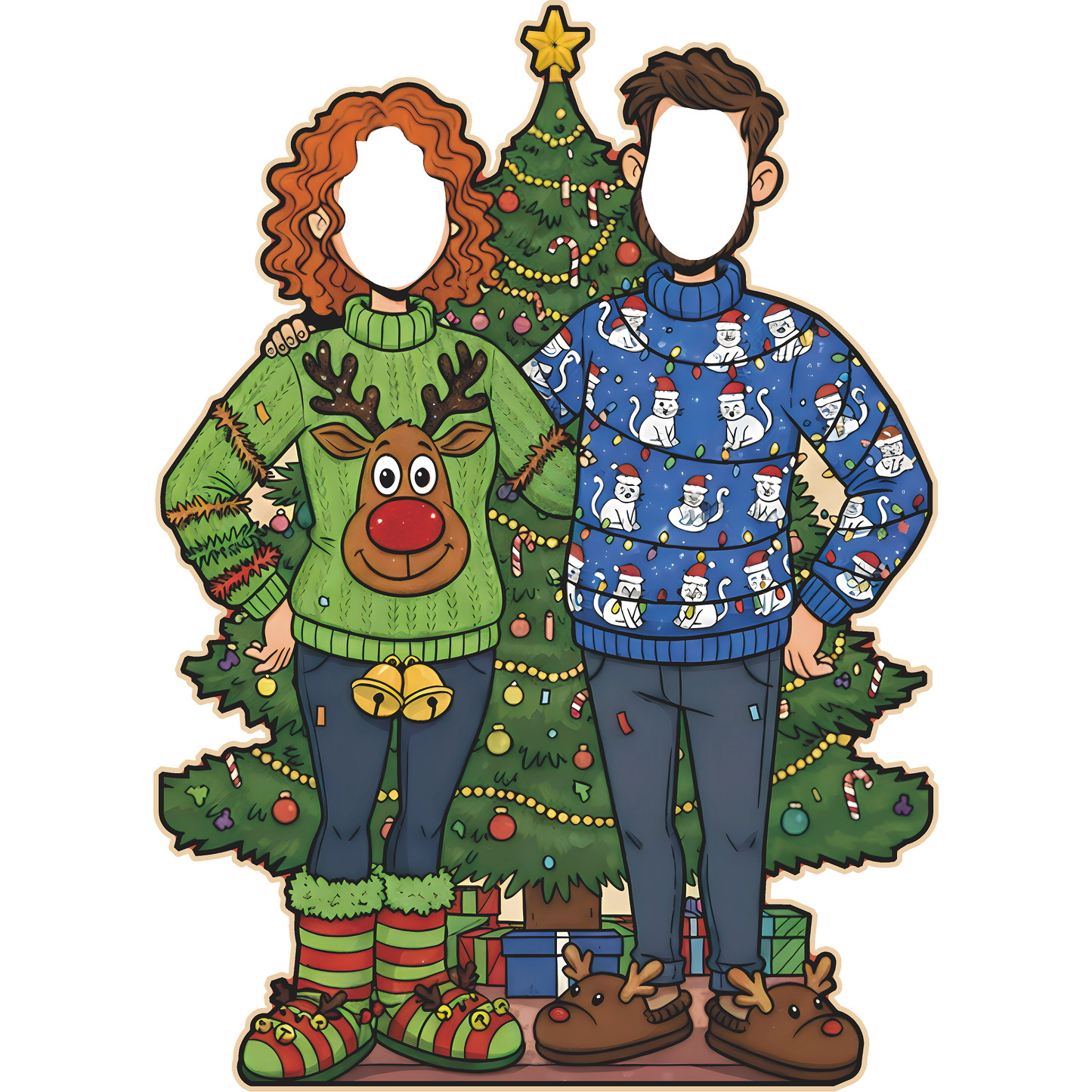 Cartoon Christmas Couple Ugly Sweater Stand In Cardboard Cutout