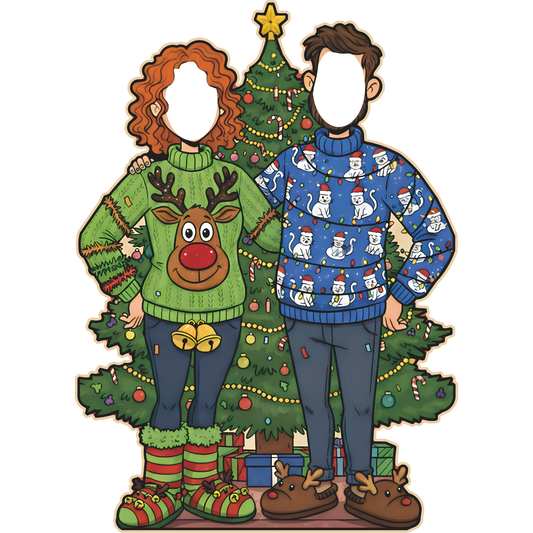 Cartoon Christmas Couple Ugly Sweater Stand In Cardboard Cutout